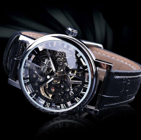 Winner Transparent Golden Case Luxury Casual Design Brown Leather Strap Mens Watches Top Brand Luxury Mechanical Skeleton Watch