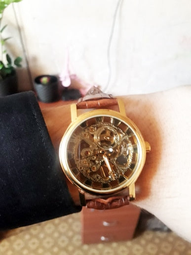 Winner Transparent Golden Case Luxury Casual Design Brown Leather Strap Mens Watches Top Brand Luxury Mechanical Skeleton Watch