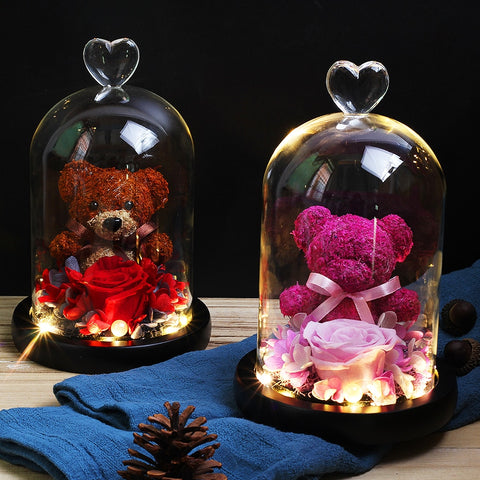 Eternal Preserved Fresh Rose Lovely Teddy Bear Molding LED Light In A Flask Immortal Rose Valentine's Day Mother's Day Gifts