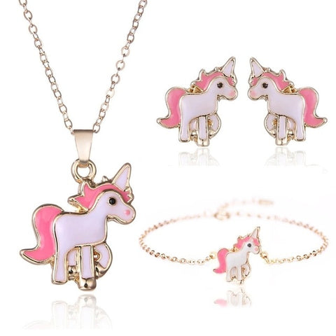 4 pièces / ensemble collier boucles d'oreilles dessin animé licorne collier boucle d'oreille bijoux rose filles