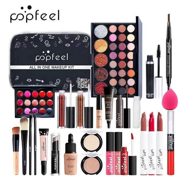 POPFEEL ALL IN ONE makeup kit (eyeshadow, lip gloss,lipstick,makeup brushes,eyebrow,concealer)with makeup bag