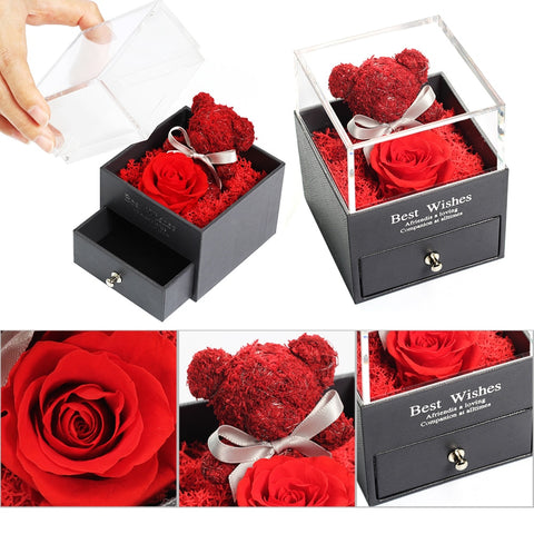 Real flower Rose Bear Jewelry Box Valentine's Day present Beauty And The Beast Eternal Red Rose For Women Wedding christmas bir