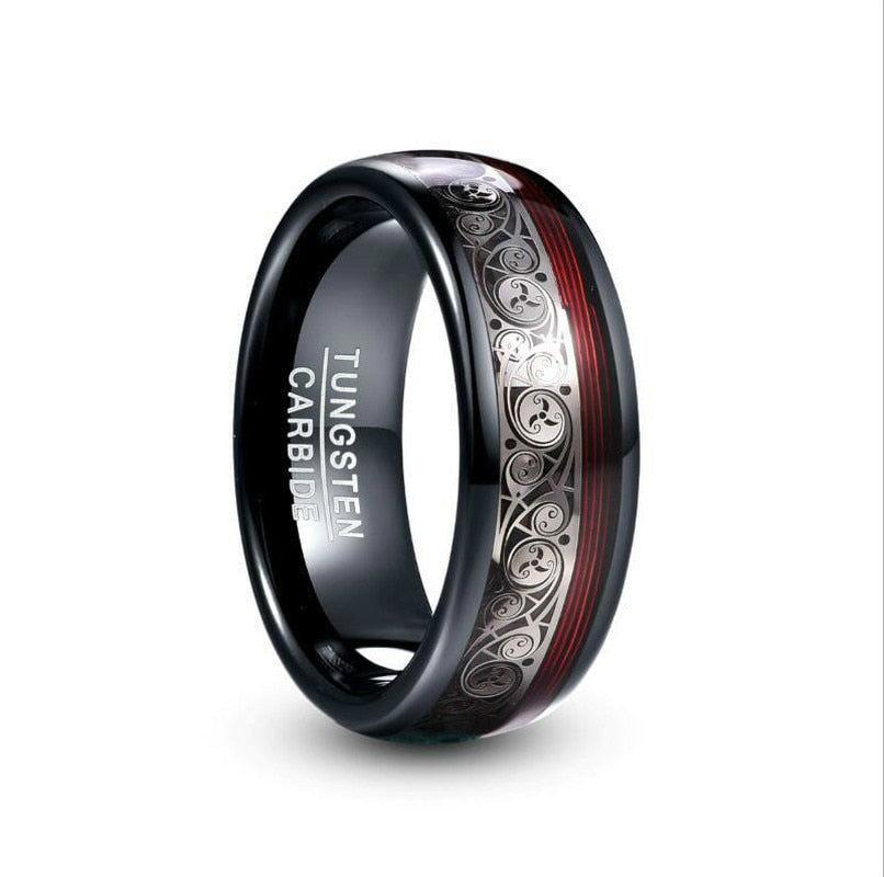 8mm large placage noir anneau en acier tungstène incrustation triple motif en spirale rouge guitare corde carbure de tungstène anneau rouge pour hommes