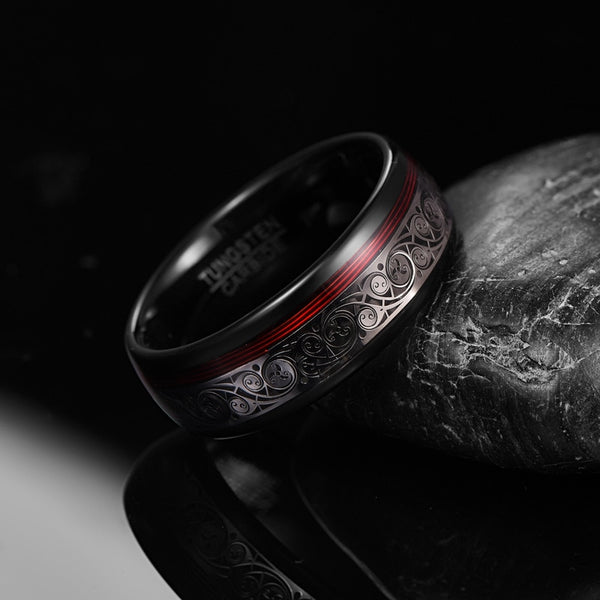 8mm large placage noir anneau en acier tungstène incrustation triple motif en spirale rouge guitare corde carbure de tungstène anneau rouge pour hommes