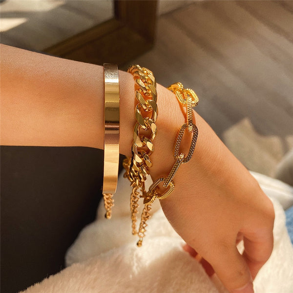 PuRui 4pcs Punk Curb Cuban Chain Bracelets Set for Women Miami Boho Thick Gold Color Charm Bracelets Bangles Fashion Jewelry