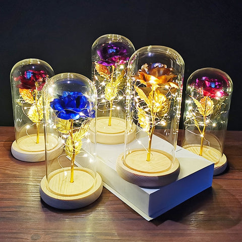 Fairy LED Light Foil Flower In Glass Cover Valentines Day Gifts Wedding Decorations Boy Girl Birthday Decor Event Party Supplies